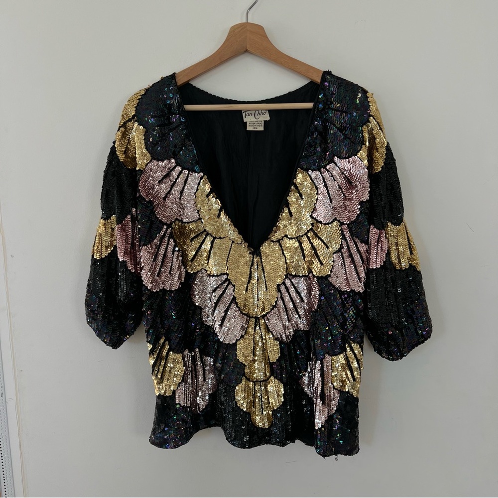 Vintage 1990s deep v neck sequence blouse size XL